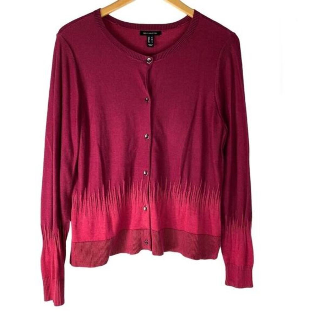 H by Halston Ombre Cardigan Sweater‎ Women M Mulberry Red Ribbed Career Preppy
